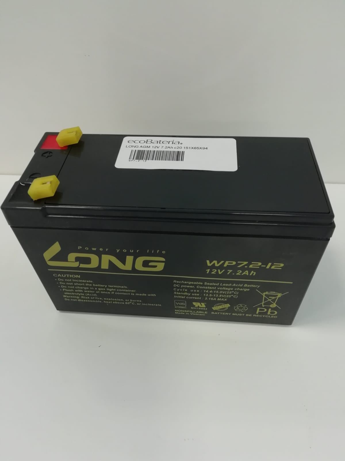 Long 12v 7.2Ah AGM - Batería Alarmas, Batería Sais, Baterías Juguetes, Baterías Incendios - Imagen 1